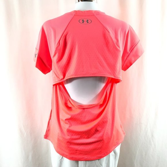 Under Armour Womens HexDelta Short Sleeve Top Open Back HeatGear Pink Size L - Picture 2 of 8
